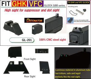 Detonator Tri Style GL-201 Type Steel High Sight for GHK and VFC Glock GBB Pistol 4Series