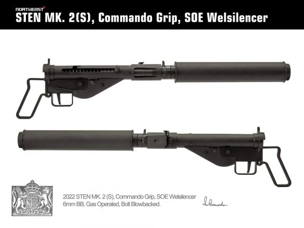 正規品在庫NorthEast Sten Mk2 (S) SOE サブマシンガンGBB (Commando Grip/SOE Welsilencer) ガスガン