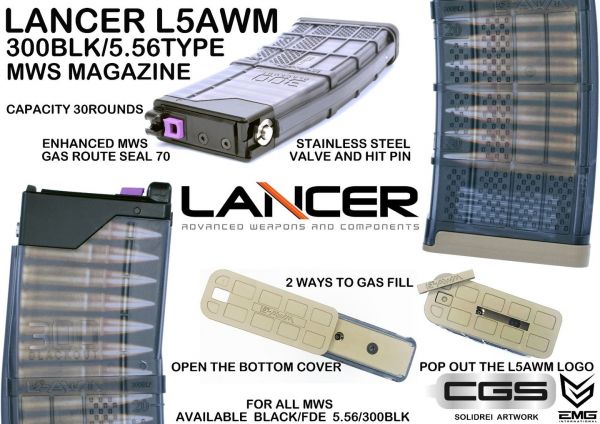 EMG Lancer Systems Licensed L5AWM 30 Rds MWs Gas Magazine for Marui TM MWS  GBB Series (