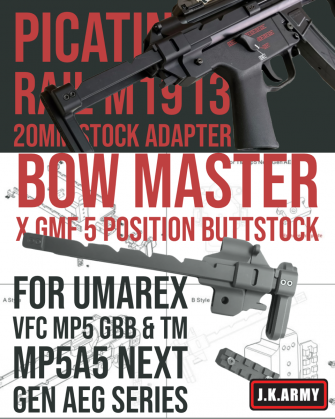 Bow Master x GMF 5 Position Buttstock & Picatinny Rail M1913 20mm Stock Adapter for UMAREX / VFC MP5 GBB Series & TM MP5A5 Next Gen AEG Series